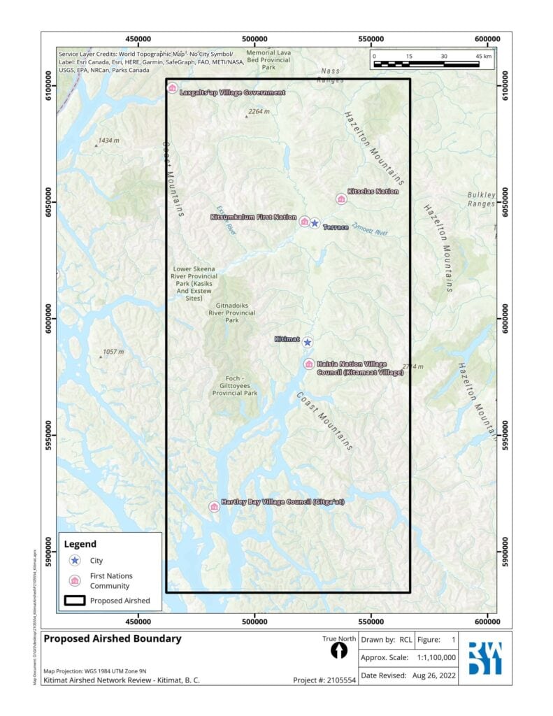 Map of Kitimat Airshed with monitoring stations and boundary.